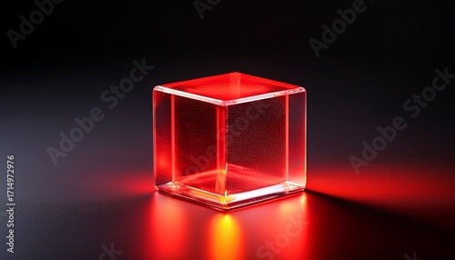 A Transparent Glass Cube Illuminated With Vibrant Red Light On A Dark Surface