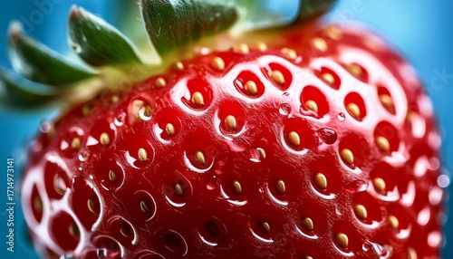 A Vibrant Red Strawberry Displays A Perfectly Formed Water Droplet Highlighting Its Fresh Textured Surface In A Detailed Macro Shot