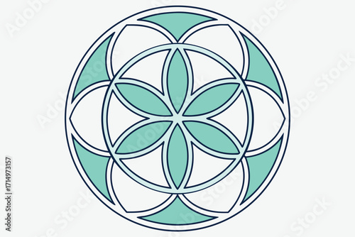 Teal and White Geometric Flower of Life Pattern on Light Gray Background vector illustration