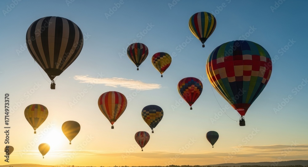 Fototapeta premium Colorful hot air balloons fill clear blue sky at dawn, creating amazing scenery for spectators. Hot air balloons are rising high, their vibrant colors contrasting beautifully against morning sky.