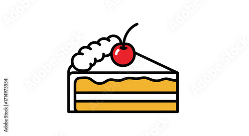 Simple Cartoon Slice of Cake with Cherry and Whipped Cream.