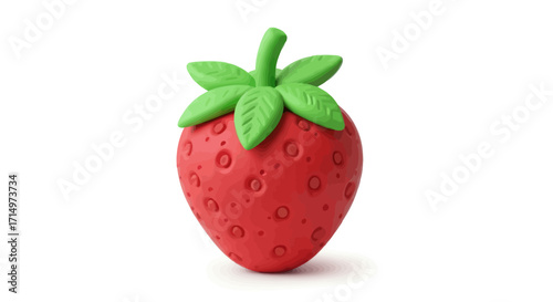 Red Strawberry-Shaped Toy Detailed Texture Green Leaves.