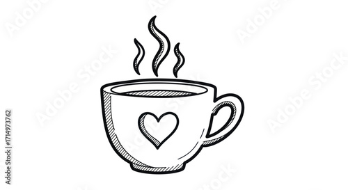Hand-Drawn Coffee Cup with Heart and Steam Illustration.