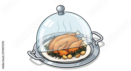 Hot Roasted Poultry Dinner Under Steaming Glass Food Cover Illustration.