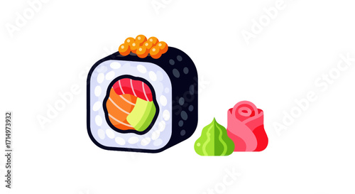 Delicious Salmon Sushi Roll with Roe and Accompaniments.