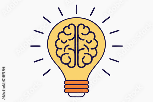 Yellow Light Bulb with Brain Inside and Orange Rays of Light idea concept