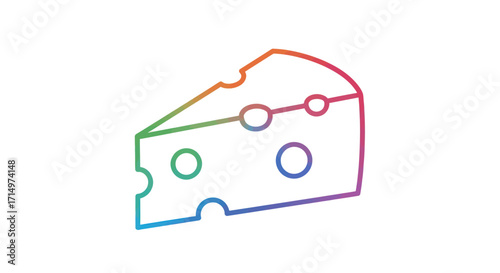 Colorful Rainbow Gradient Outline Cheese Wedge Illustration.