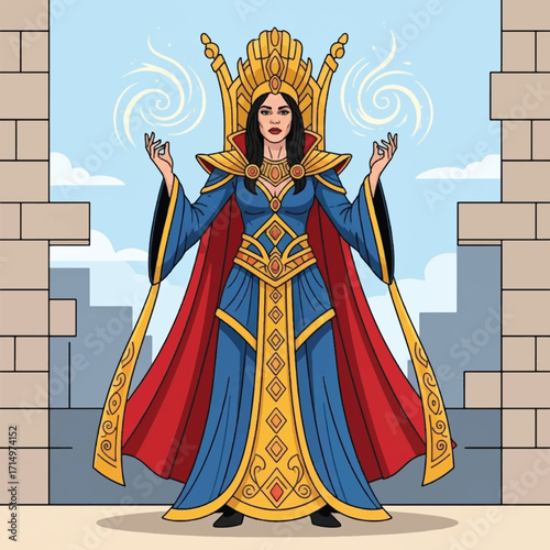 An illustration of a powerful fantasy queen or sorceress in an ornate blue gown and red cape, with a golden crown and raised hands, against a sky background with stone pillars.