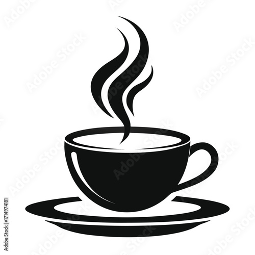 Black silhouette of a steaming coffee cup and saucer on white background vector illustration