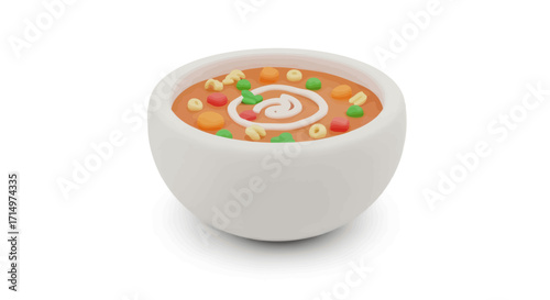Delicious Colorful Vegetable Soup in a White Bowl with Cream Swirl.