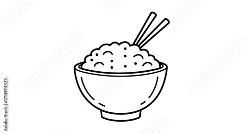 Bowl of Rice with Chopsticks: Simple Line Art Illustration.