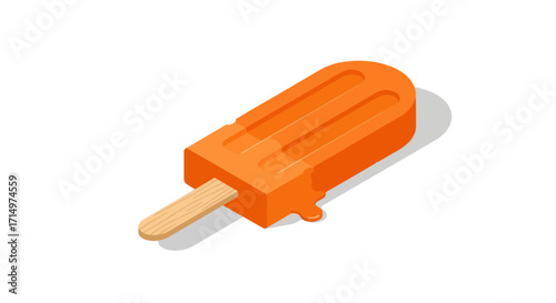 Orange Ice Pop with Wooden Stick Isometric View.