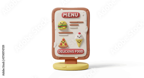 Cute 3D Cartoon Menu Board with Delicious Food Icons.