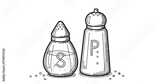 Hand-drawn sketch illustration of a classic salt and pepper shaker set with S and P letters.