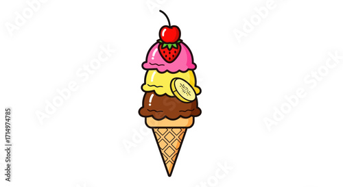Colorful Three-Layer Ice Cream Cone with Fruit Toppings.