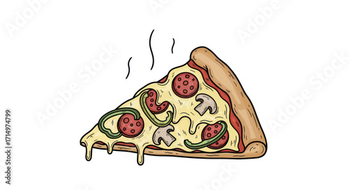 Hot Steaming Pizza Slice with Pepperoni Mushrooms and Melting Cheese.