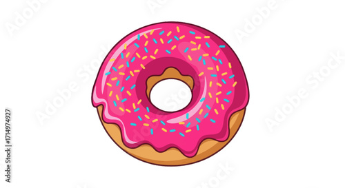 A delicious pink frosted donut with colorful sprinkles.