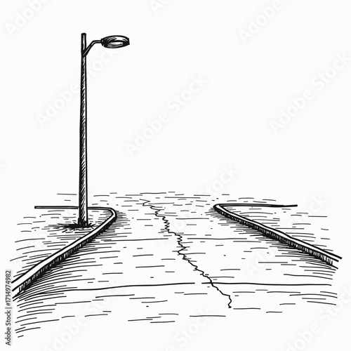 Road with cracks and street lamp in detailed sketch style  