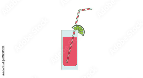 Refreshing Red Drink in Tall Glass with Striped Straw and Lime Garnish.