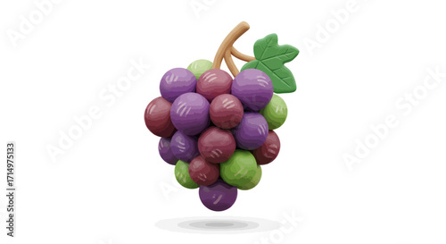 Colorful Cartoon Cluster of Grapes with Stem and Leaves.
