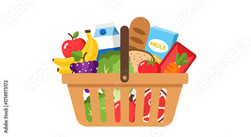 Fully Loaded Shopping Basket with Groceries and Food Items.