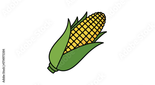Vibrant Cartoon Ear of Corn with Green Husks and Yellow Kernels.