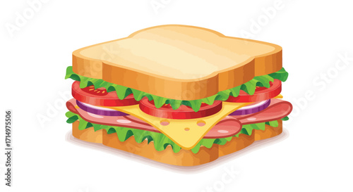 A classic layered sandwich with ham cheese lettuce tomato and red onion on white bread.
