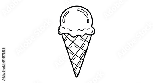 Hand-drawn outline illustration of a single scoop ice cream cone dessert.