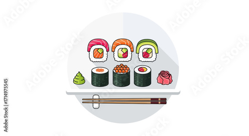 Colorful Sushi Rolls and Nigiri Set with Chopsticks on a White Plate.
