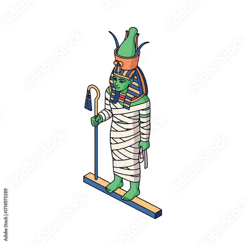 Isometric illustration of mummified Egyptian deity.
