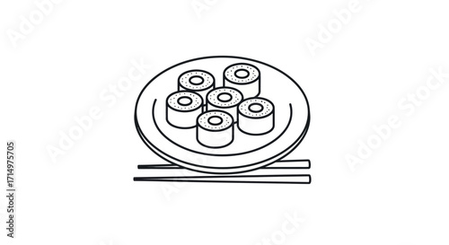 Sushi Rolls on a Plate with Chopsticks Black and White Line Art.