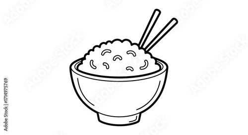 Bowl of Rice with Chopsticks Asian Cuisine Simple Line Art Illustration.