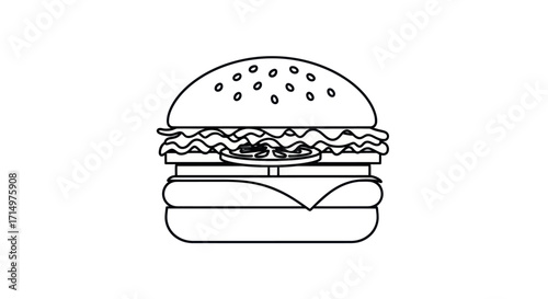 Line art drawing of a classic cheeseburger with sesame bun.