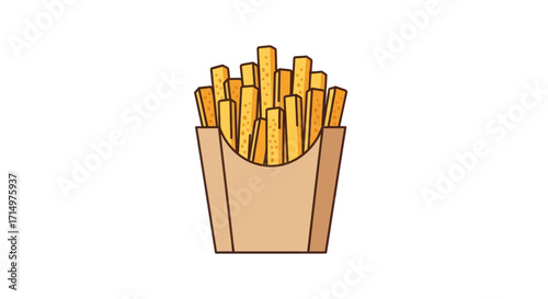 Cartoon Illustration of Golden French Fries in a Brown Paper Carton.