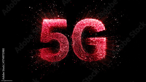 Glowing red 5G text made of digital particles and light rays on a dark background, Concept of fast internet, wireless communication and mobile network technology
