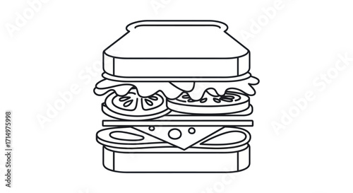 Simple Line Art Sandwich Illustration with Bread Cheese Tomato and Lettuce.