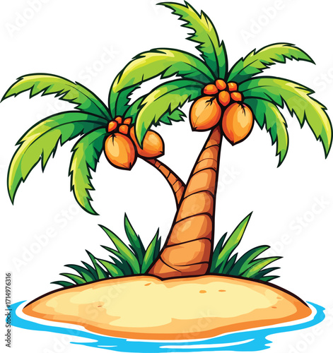 Tropical Island Vector – Cartoon Palm Trees with Coconuts and Greenery for Vacation, Nature, or Summer Themes