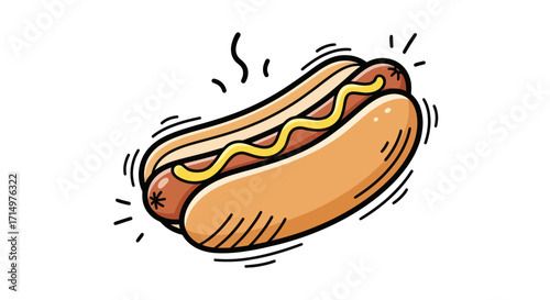 Steaming Cartoon Hot Dog with Mustard in a Bun.