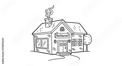 Charming Hand-Drawn Restaurant Building with Smoke from Chimney.