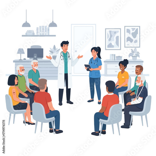 A doctor and nurse lead a health education seminar for a diverse group of patients sitting in a circle in a clinic.