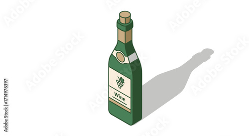 Green Wine Bottle with Cork Stopper and Label Illustration.