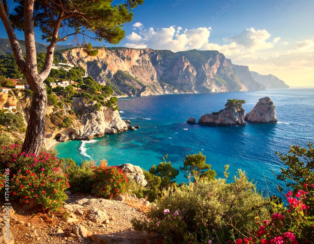 Fototapeta premium A breathtaking coastal scene showcases a picturesque cove nestled within dramatic cliffs, bathed in the warm sunlight of a beautiful day.