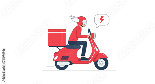 Fast delivery service courier riding a red scooter with a winged helmet and delivery box.