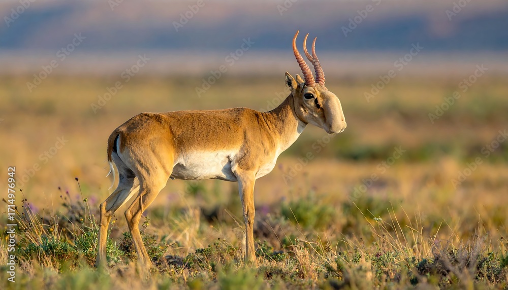 Fototapeta premium A striking, light-brown antelope stands poised in a golden, grassy plain, its unique horns and profile accentuated by the natural, warm light.