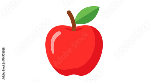 Vibrant Red Apple with Green Leaf and Stem.