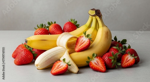 Bananas and Strawberries: A colorful close-up of vibrant yellow bananas and succulent red strawberries creating a feast for the eyes, symbolizing the freshness and wholesomeness of natural food. 