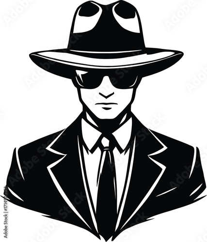 Spy Silhouette Vector – Black & White Illustration of Secret Agent in Hat, Suit, and Sunglasses for Noir Themes