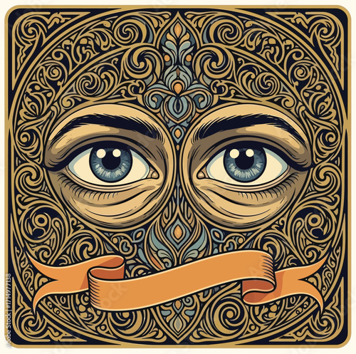 Intricate vintage engraving of an all-seeing eye surrounded by ornate floral baroque patterns, symmetrical layout, detailed linework, mystical symbolism
