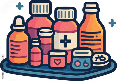 Medicine Bottle Tray Vector – Cartoon Healthcare Containers with Symbols for Pharmacy, Supplement, or Wellness Use