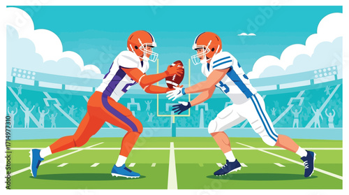 American football players run face each other fighting over the ball on the field. vector illustration